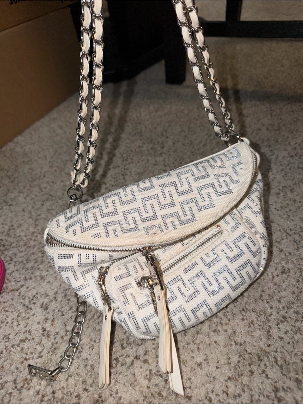 Steve Madden White Patterned Crossbody with Silver Chain